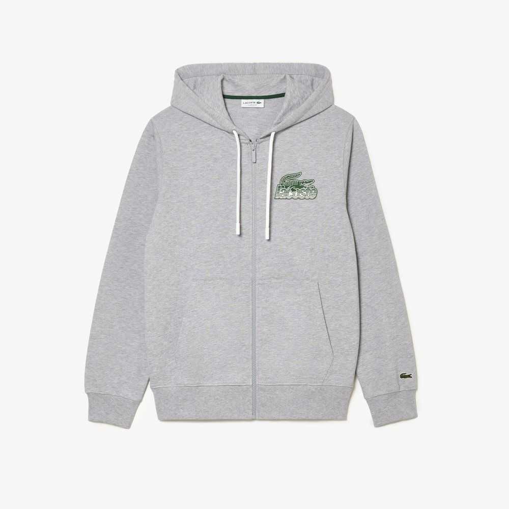 Grey Chine Lacoste Unbrushed Fleece Zipped Hoodie | MZSULO-920