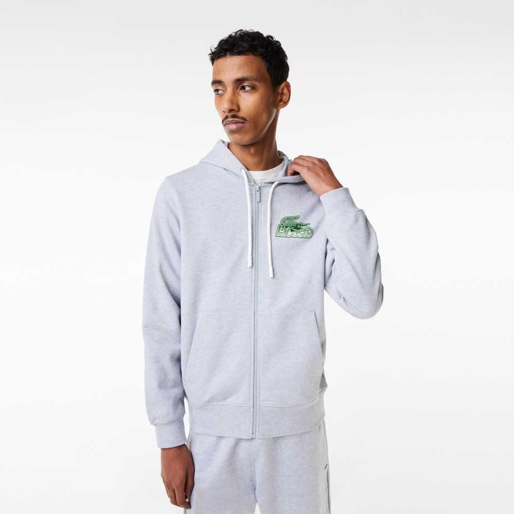 Grey Chine Lacoste Unbrushed Fleece Zipped Hoodie | MZSULO-920