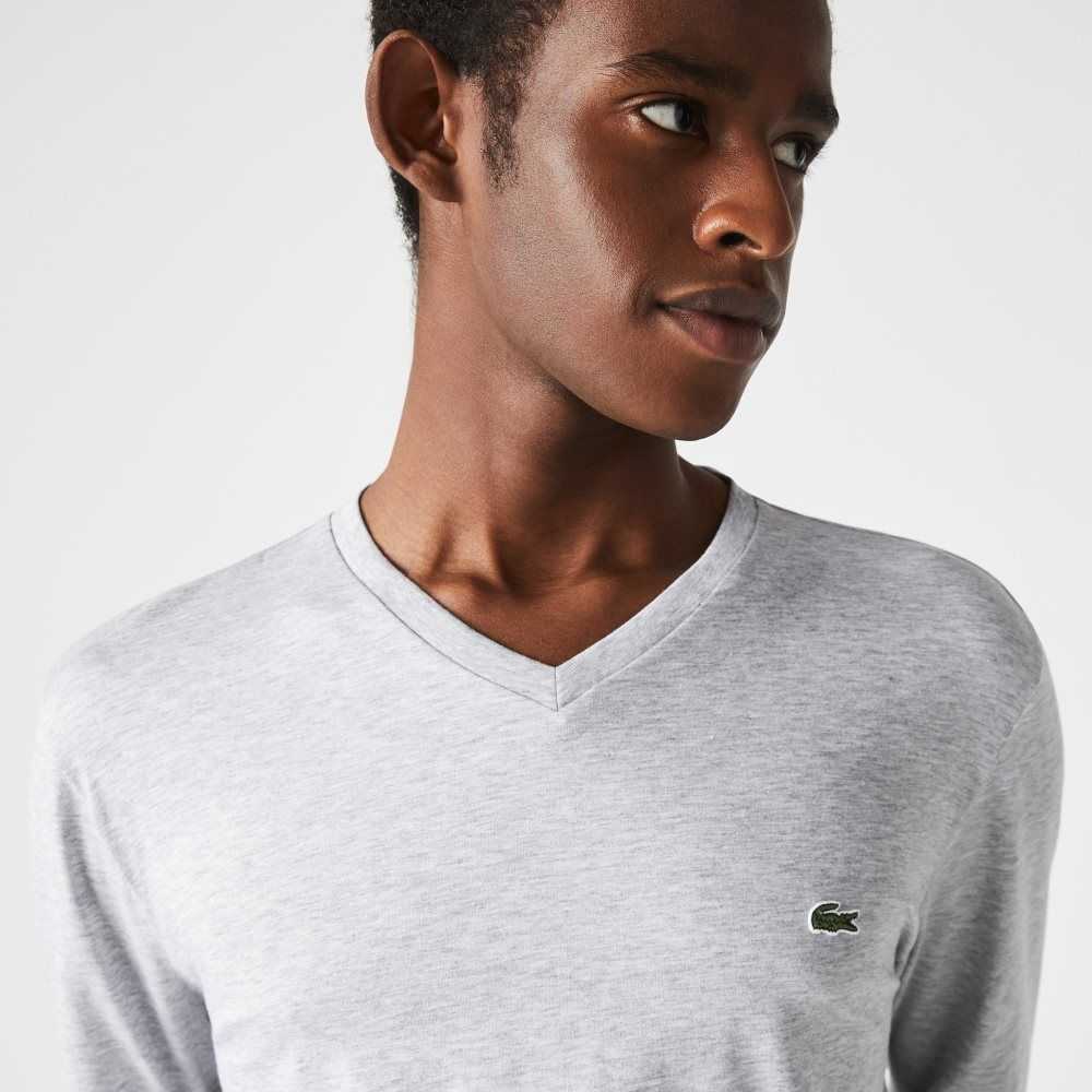 Grey Chine Lacoste V-Neck Lightweight Pima Cotton Jersey T-Shirt | TXLGHF-903