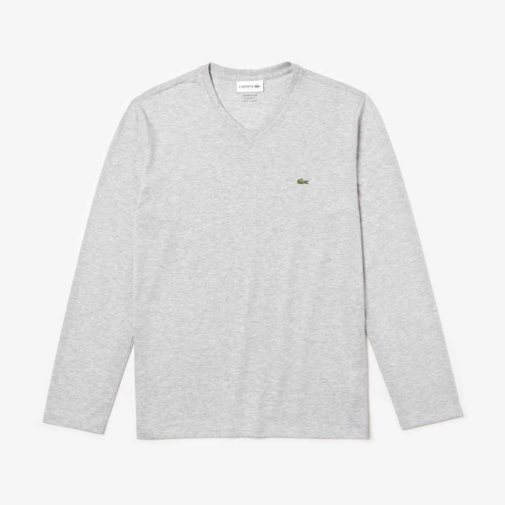 Grey Chine Lacoste V-Neck Lightweight Pima Cotton Jersey T-Shirt | TXLGHF-903