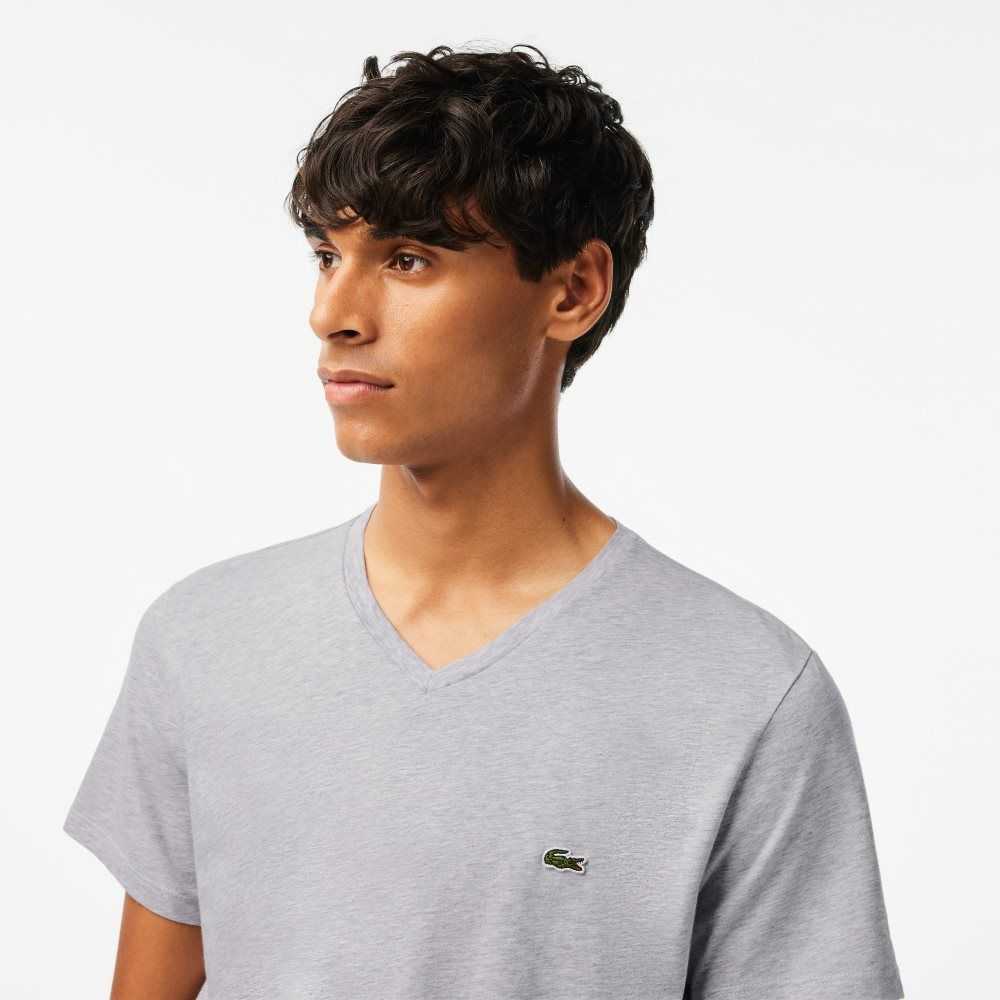 Grey Chine Lacoste V-Neck Pima Cotton Jersey T-Shirt | NFPYLJ-473