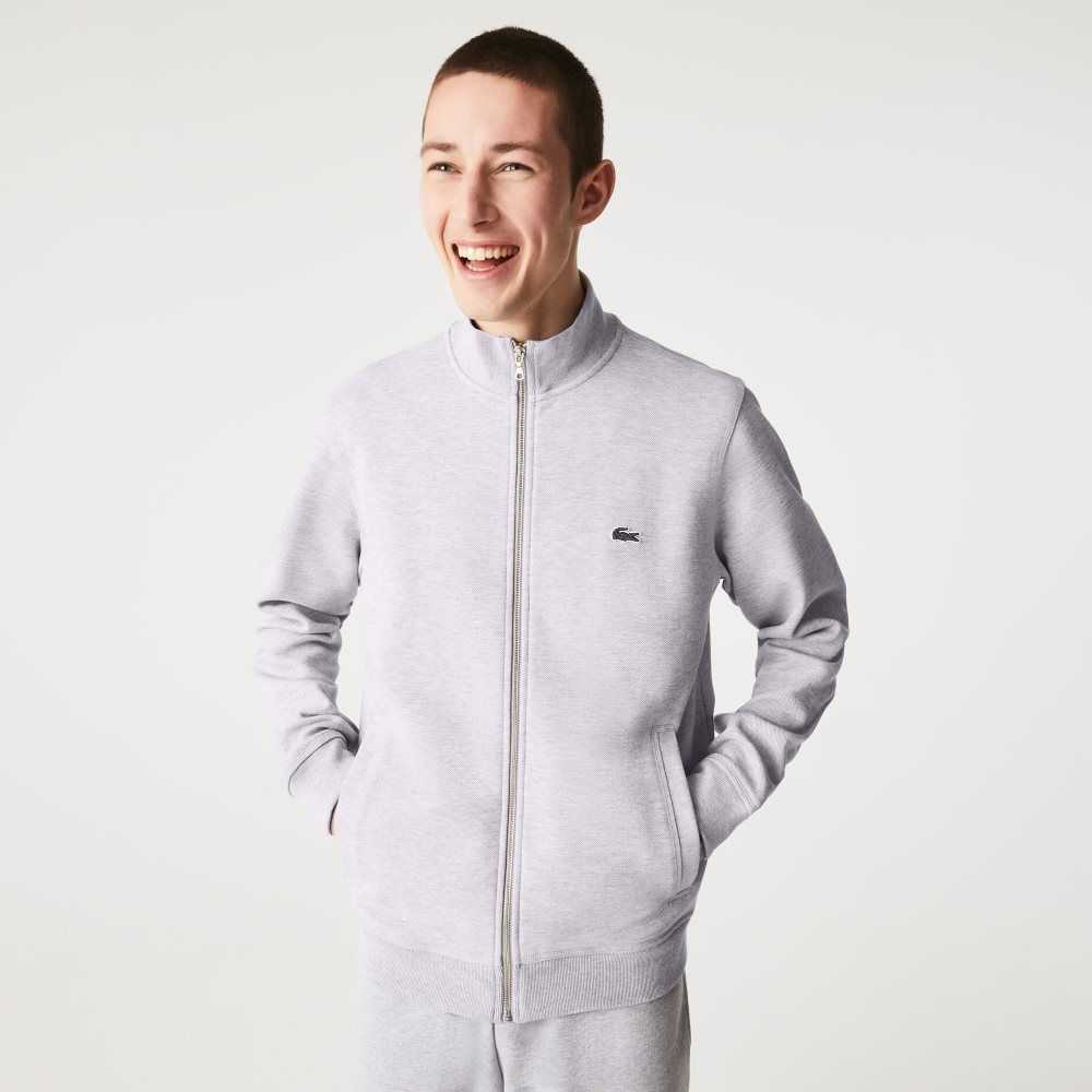 Grey Chine Lacoste Zippered Stand-Up Collar Pique Fleece Jacket | NPKFRG-867