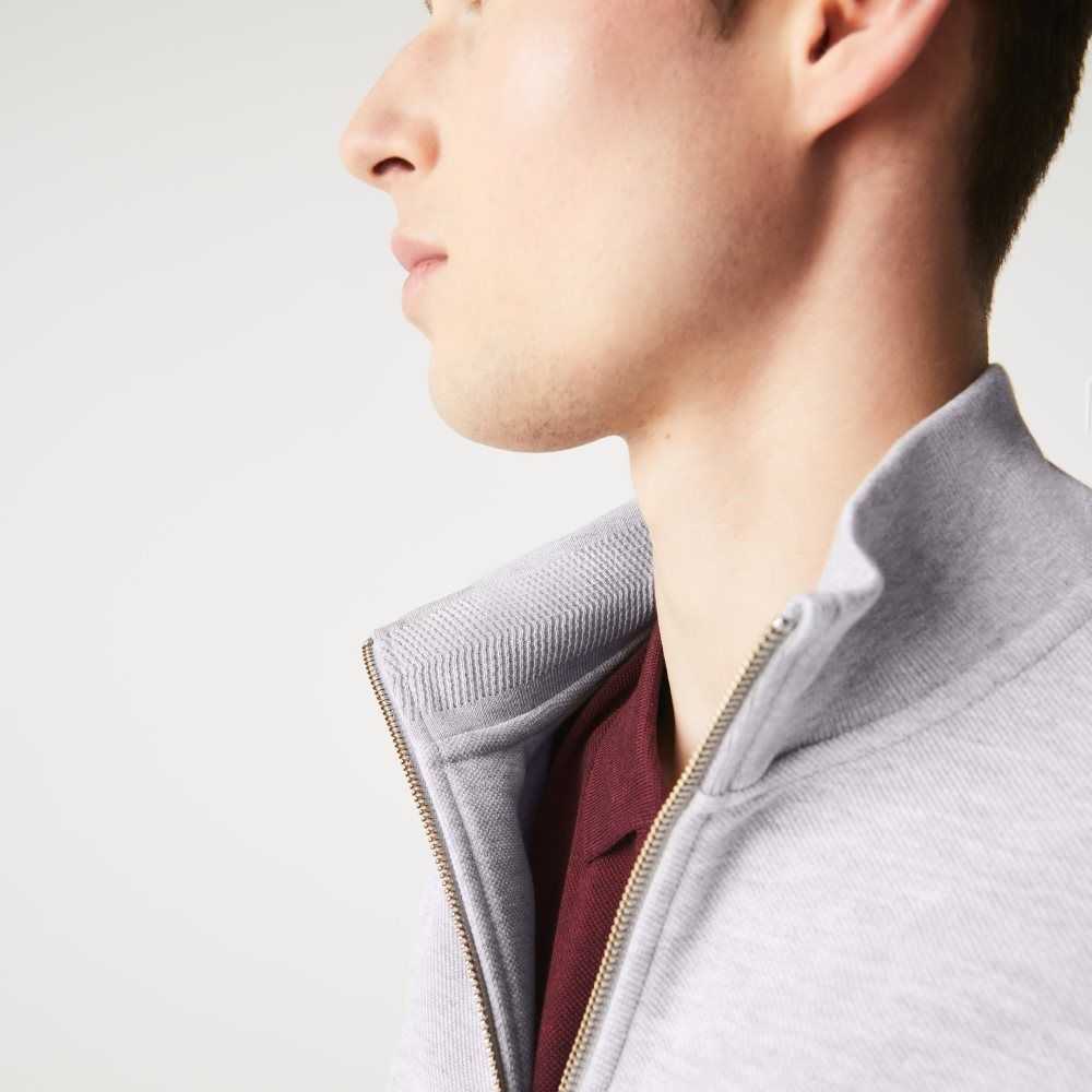 Grey Chine Lacoste Zippered Stand-Up Collar Pique Fleece Jacket | NPKFRG-867