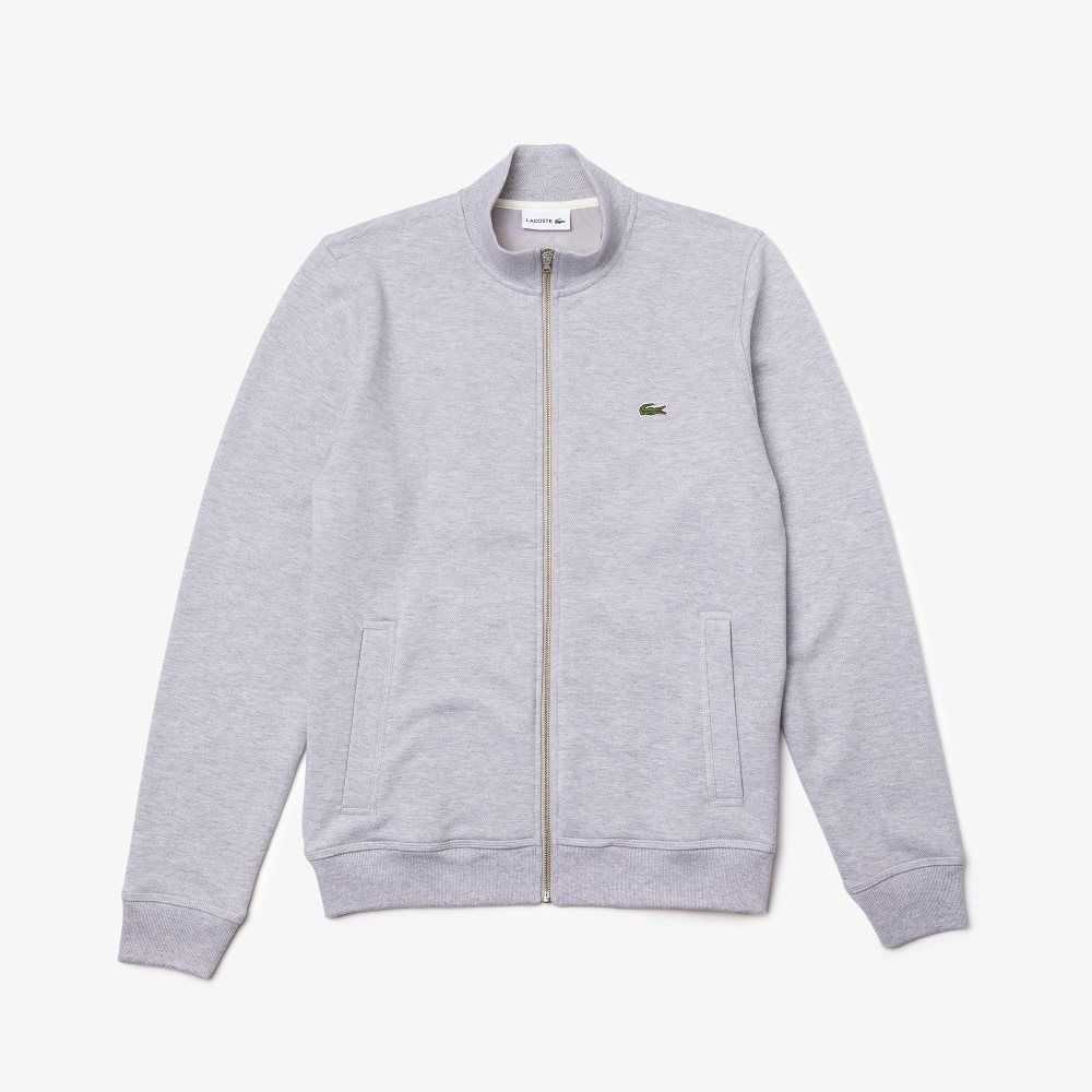 Grey Chine Lacoste Zippered Stand-Up Collar Pique Fleece Jacket | NPKFRG-867