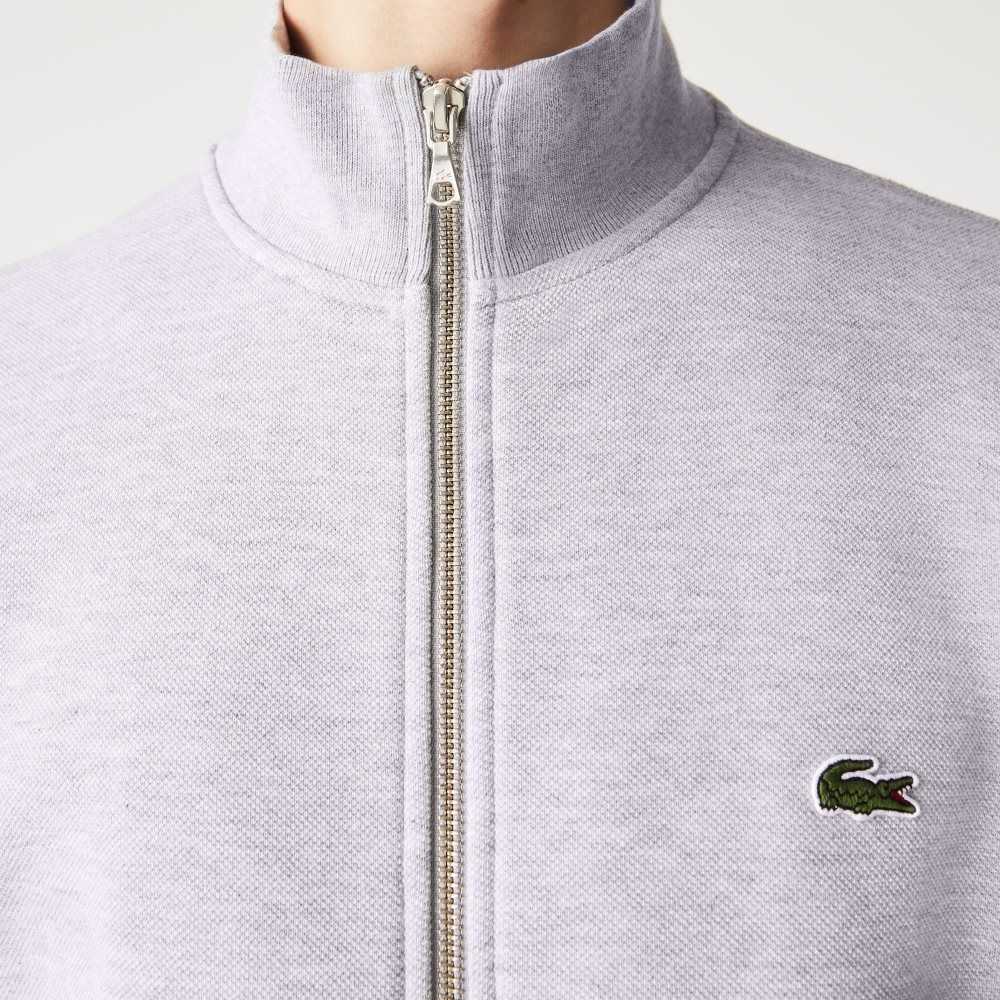 Grey Chine Lacoste Zippered Stand-Up Collar Pique Fleece Jacket | NPKFRG-867