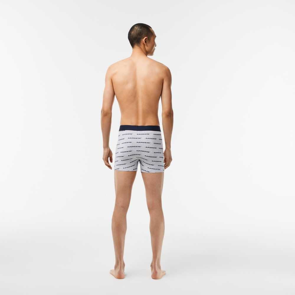 Grey Chine / Navy Blue Lacoste 3-Pack Logo Print Jersey Boxers | HNZWTX-491