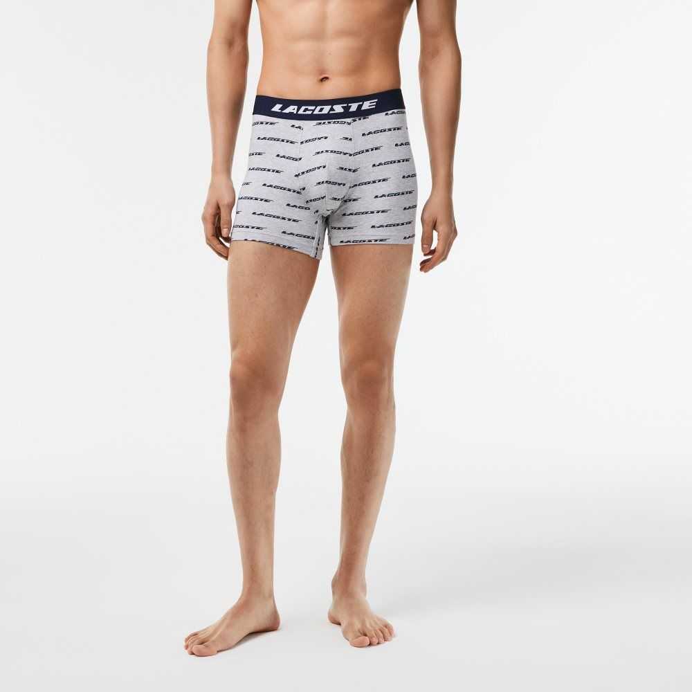 Grey Chine / Navy Blue Lacoste 3-Pack Logo Print Jersey Boxers | HNZWTX-491