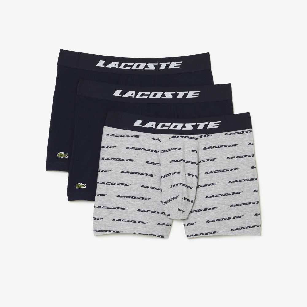 Grey Chine / Navy Blue Lacoste 3-Pack Logo Print Jersey Boxers | HNZWTX-491