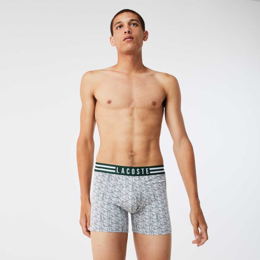 Grey Chine / White / Navy Blue Lacoste Striped Waist Long Stretch Cotton Boxer Brief 3-Pack | NYAWDC-012