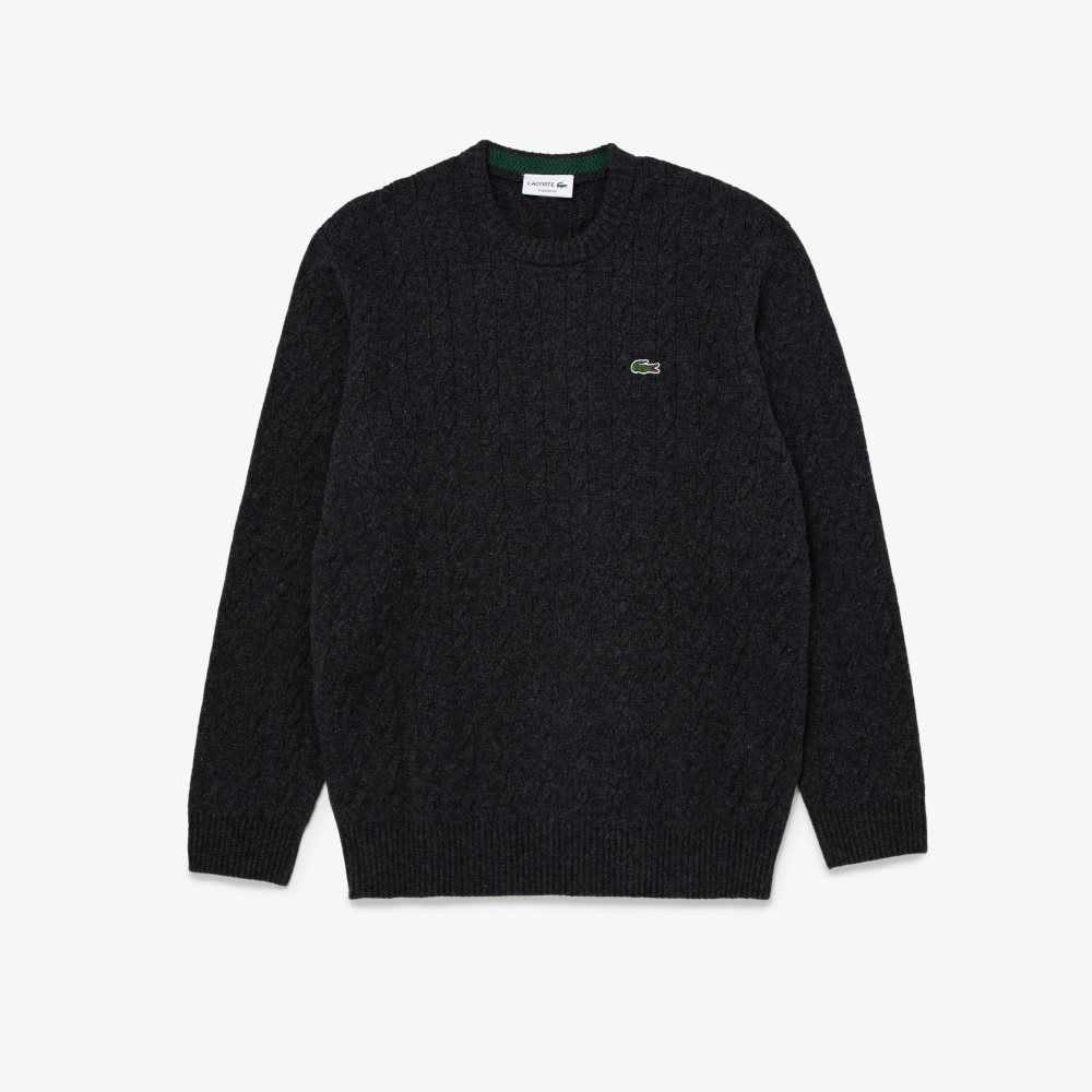 Grey Lacoste Classic Fit Wool Cable Knit Sweater | IUMKGQ-489