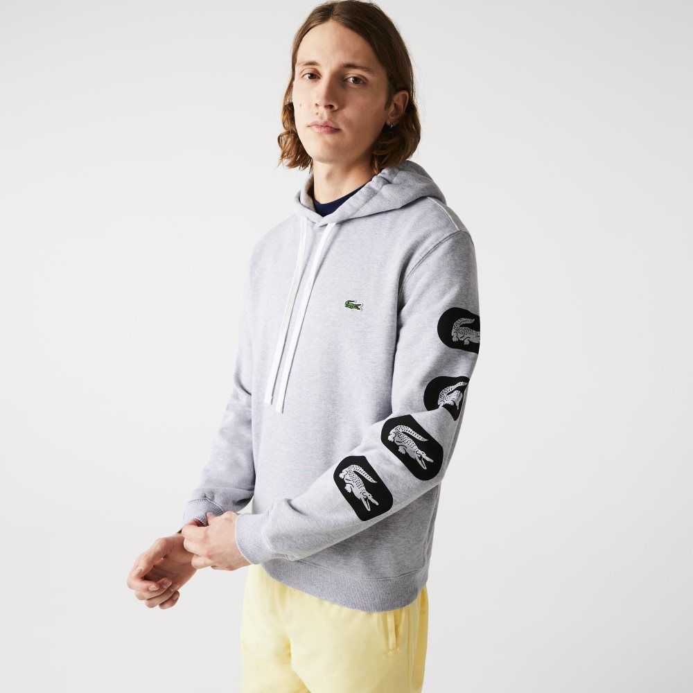 Grey Lacoste Hooded Print Sleeve Fleece Sweatshirt | OURTIN-695