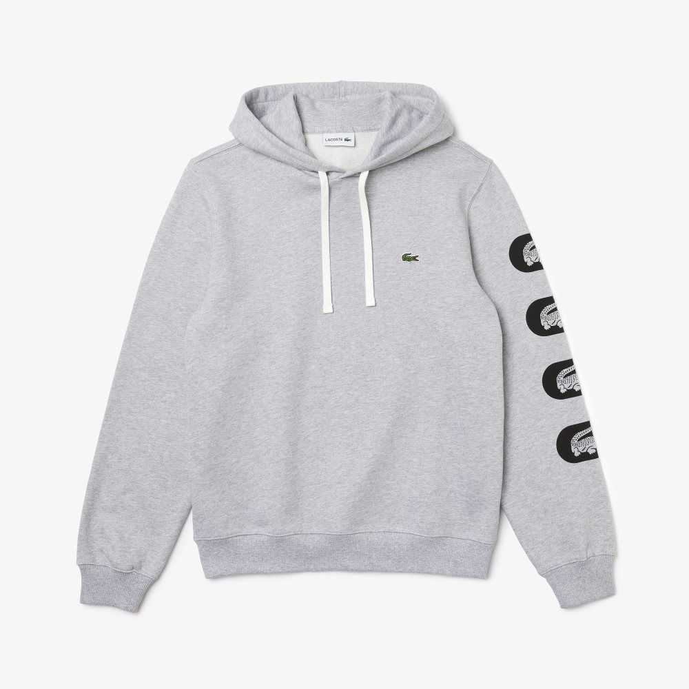 Grey Lacoste Hooded Print Sleeve Fleece Sweatshirt | OURTIN-695