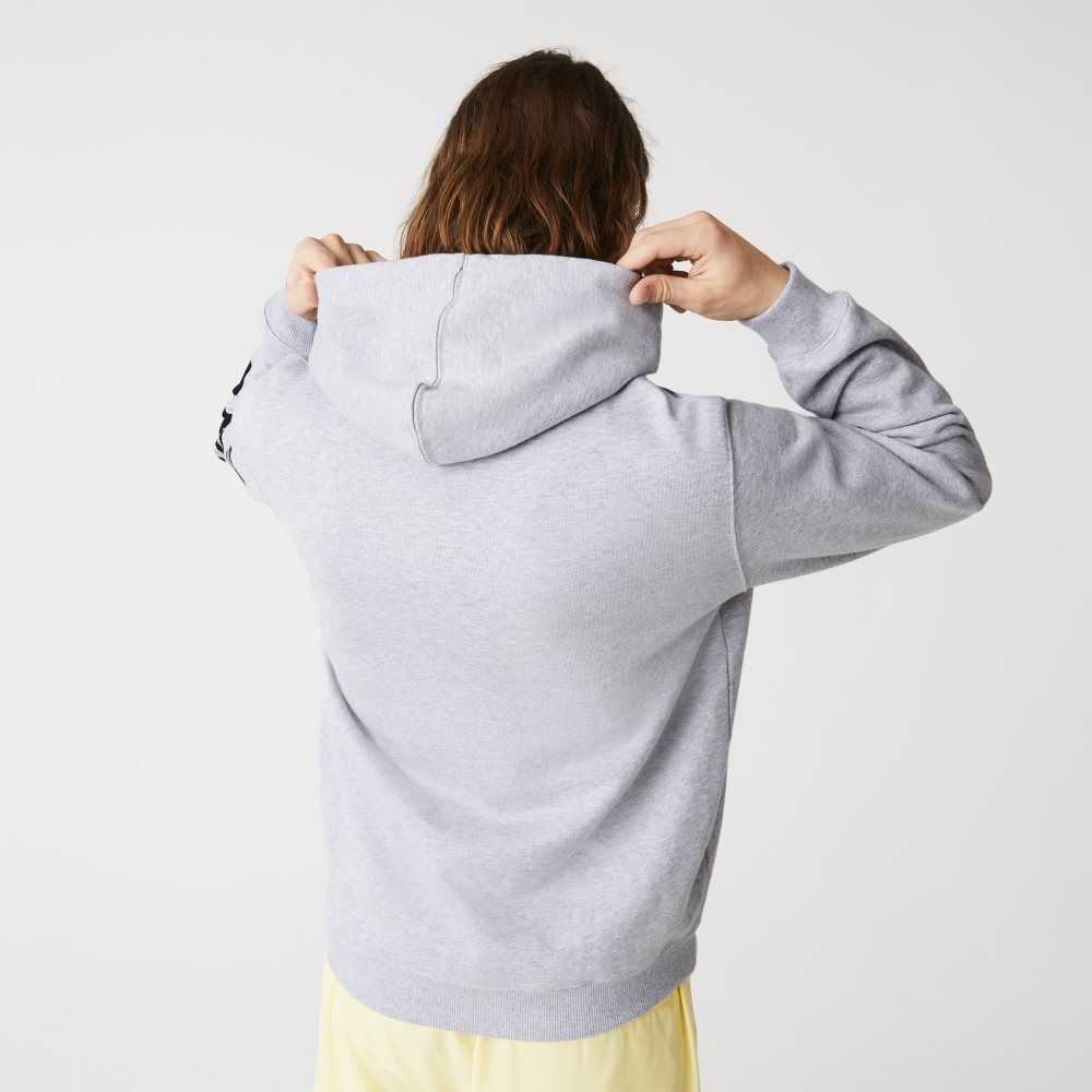 Grey Lacoste Hooded Print Sleeve Fleece Sweatshirt | OURTIN-695