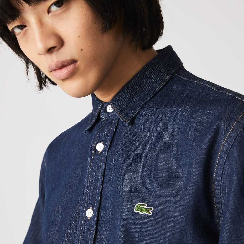 Grey Lacoste Regular Fit Lightweight Organic Cotton Denim Shirt | KNXTDJ-095