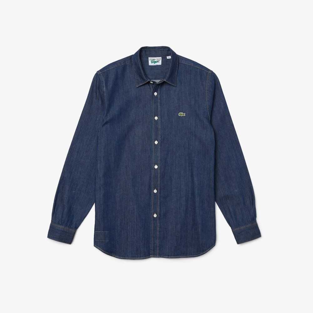 Grey Lacoste Regular Fit Lightweight Organic Cotton Denim Shirt | KNXTDJ-095