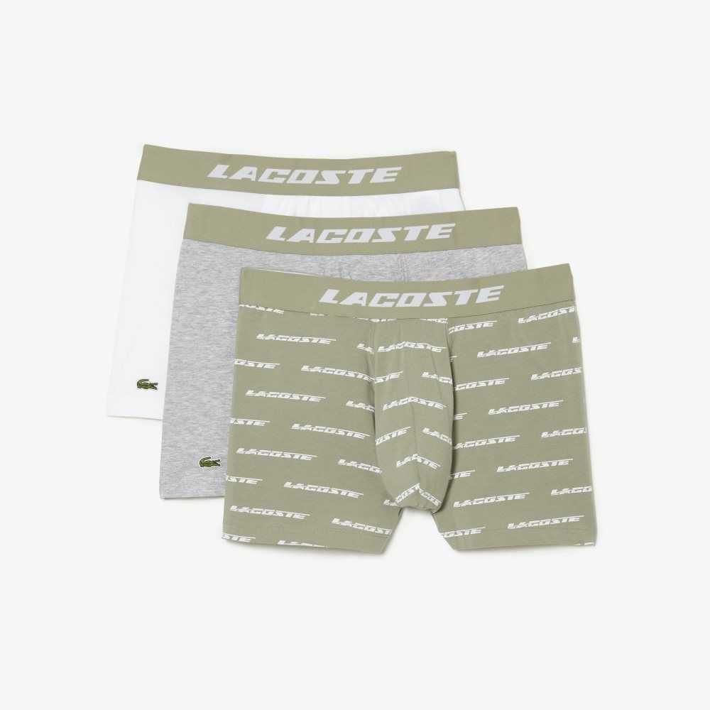 Khaki Green / Grey Chine / White Lacoste 3-Pack Logo Print Jersey Boxers | URIOLE-496