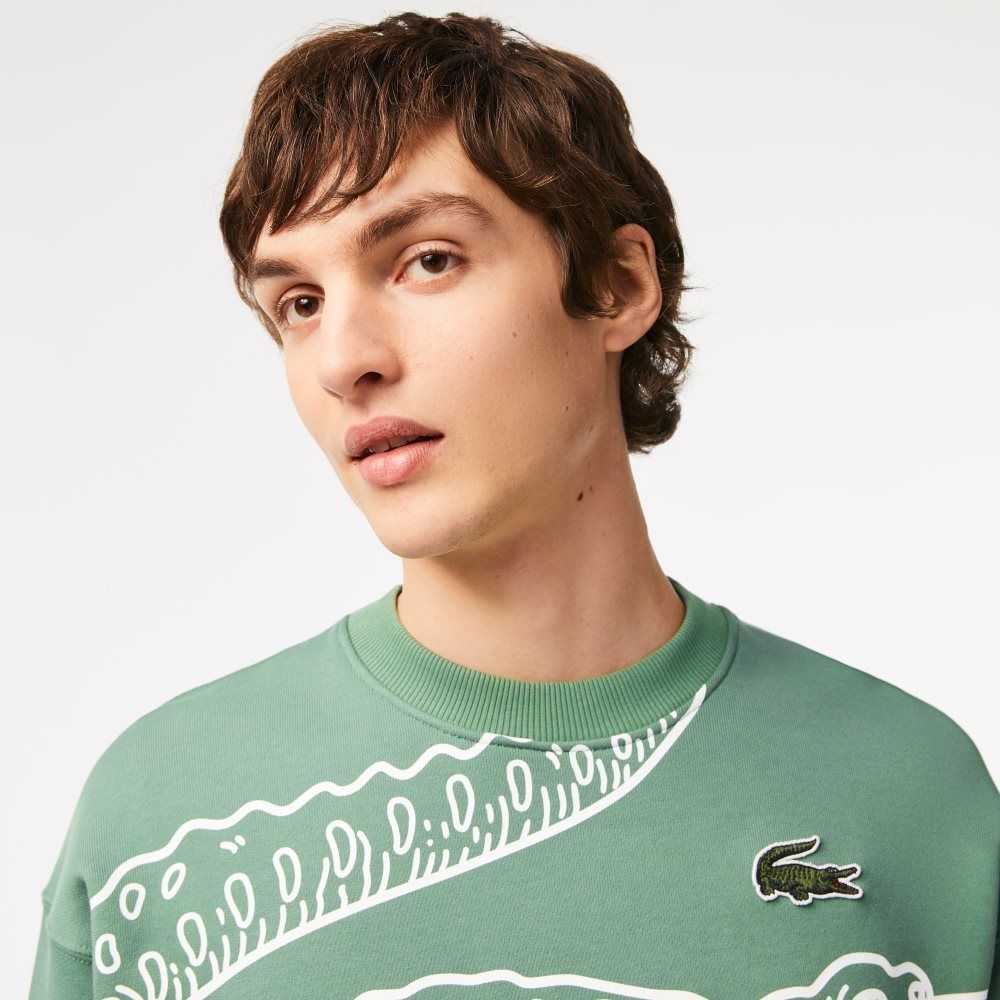 Khaki Green Lacoste Crew Neck Loose Fit Croc Print Sweatshirt | XLGACJ-920