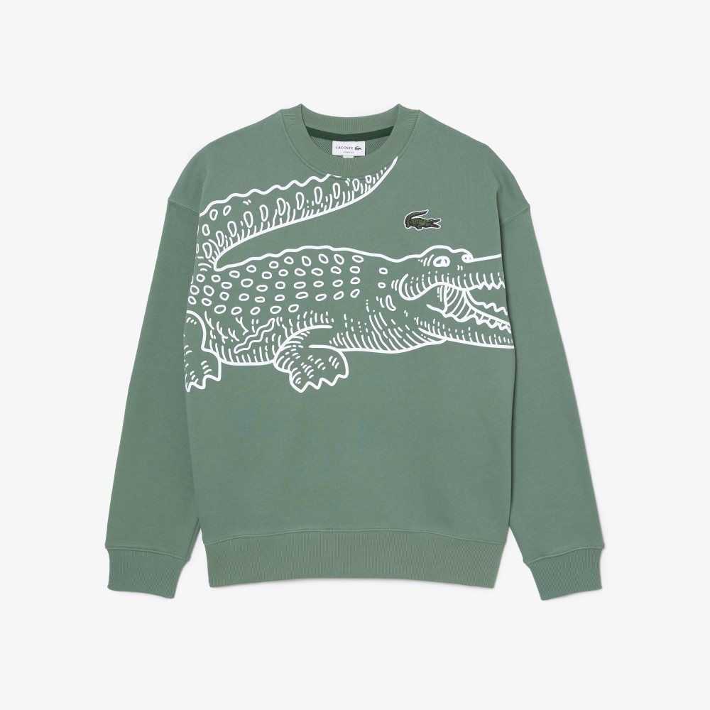 Khaki Green Lacoste Crew Neck Loose Fit Croc Print Sweatshirt | XLGACJ-920