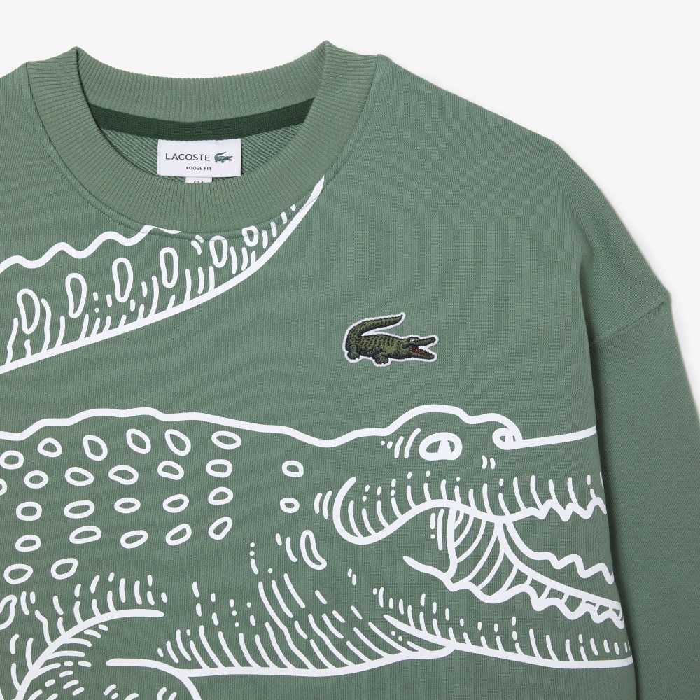 Khaki Green Lacoste Crew Neck Loose Fit Croc Print Sweatshirt | XLGACJ-920