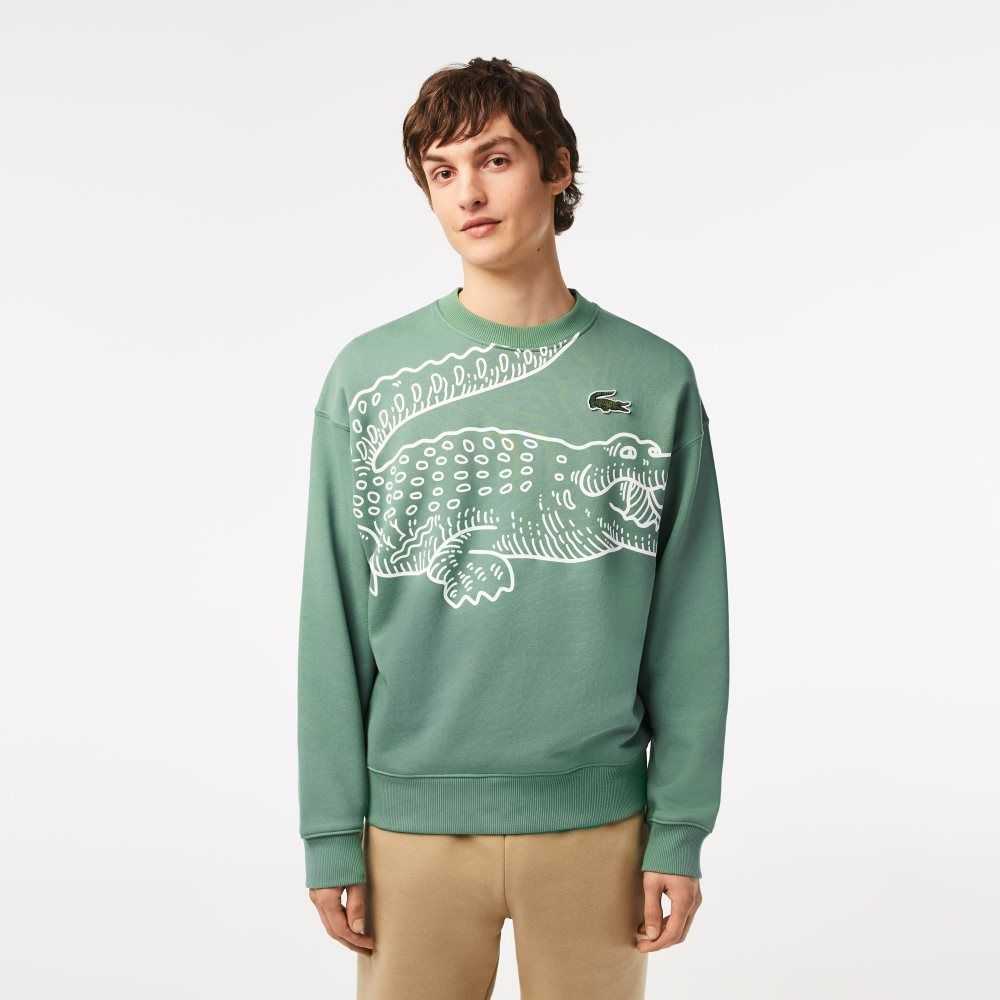 Khaki Green Lacoste Crew Neck Loose Fit Croc Print Sweatshirt | XLGACJ-920