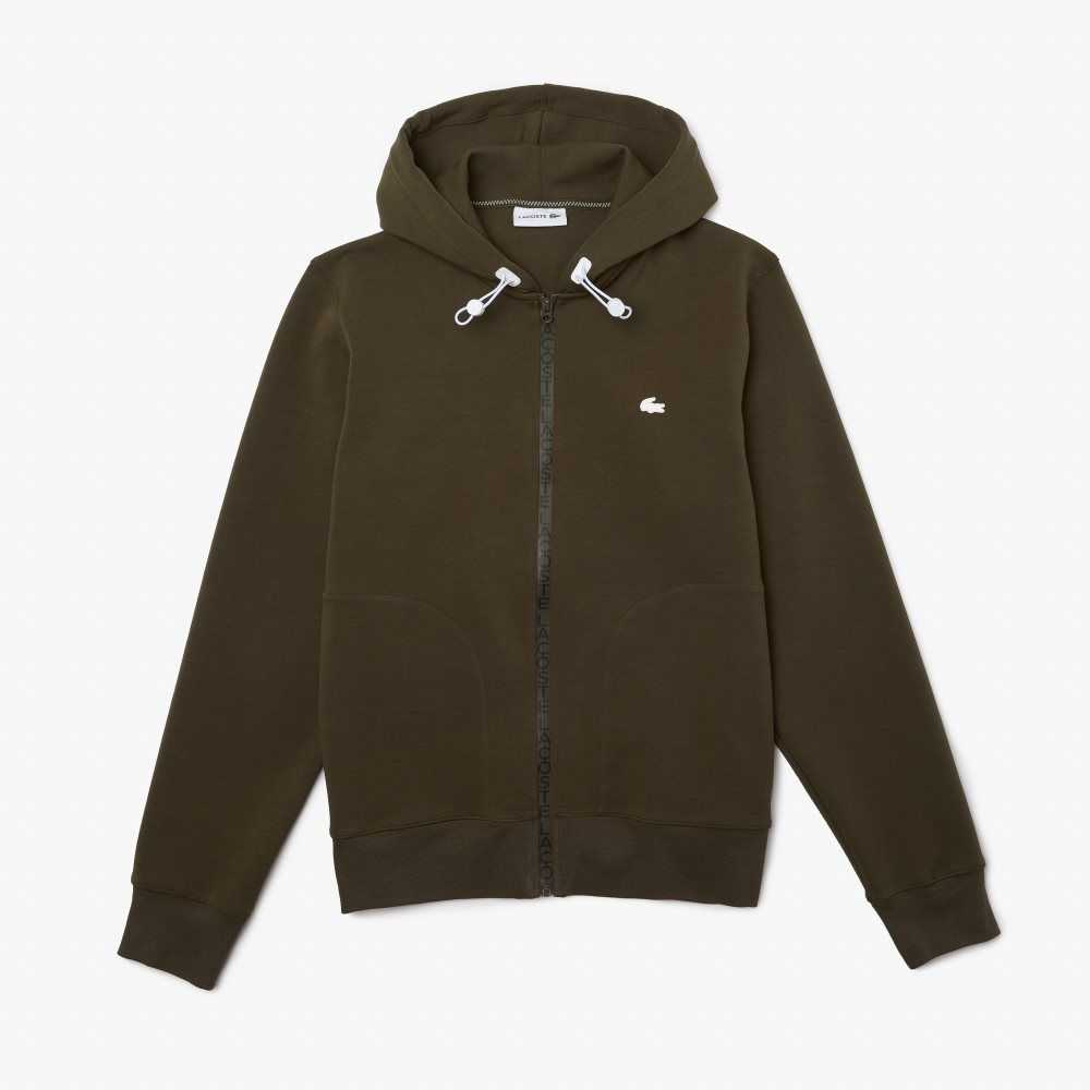 Khaki Green Lacoste Hooded Cotton Blend Lettered Zip Sweatshirt | VQETPZ-897