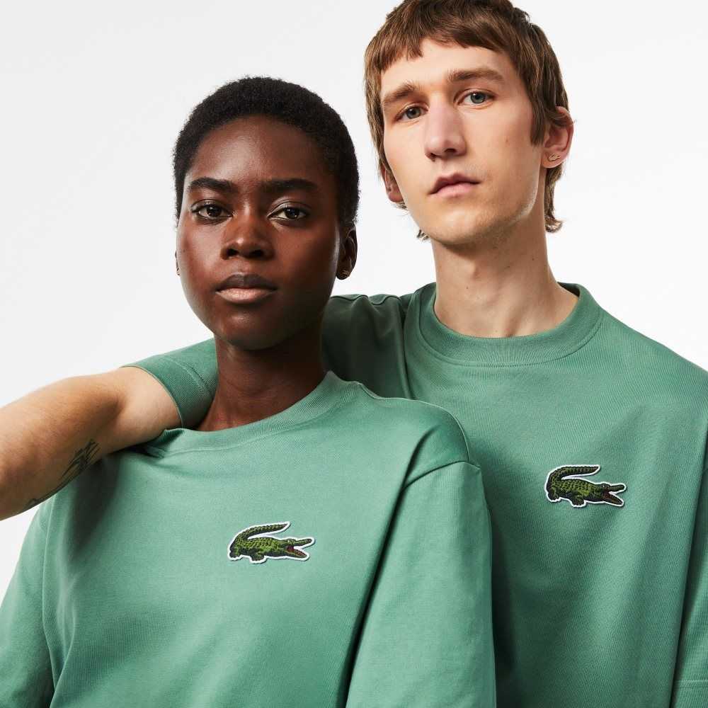 Khaki Green Lacoste Loose Fit Large Crocodile Organic Cotton T-Shirt | AOXSRF-697