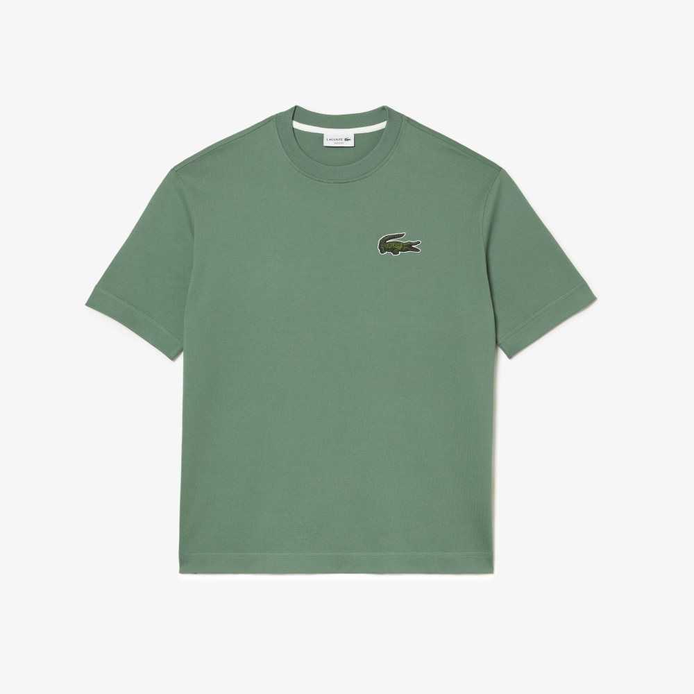 Khaki Green Lacoste Loose Fit Large Crocodile Organic Cotton T-Shirt | AOXSRF-697