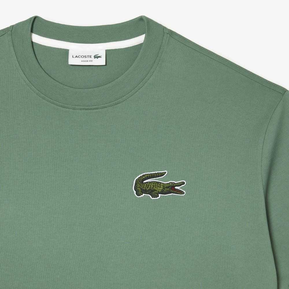 Khaki Green Lacoste Loose Fit Large Crocodile Organic Cotton T-Shirt | AOXSRF-697