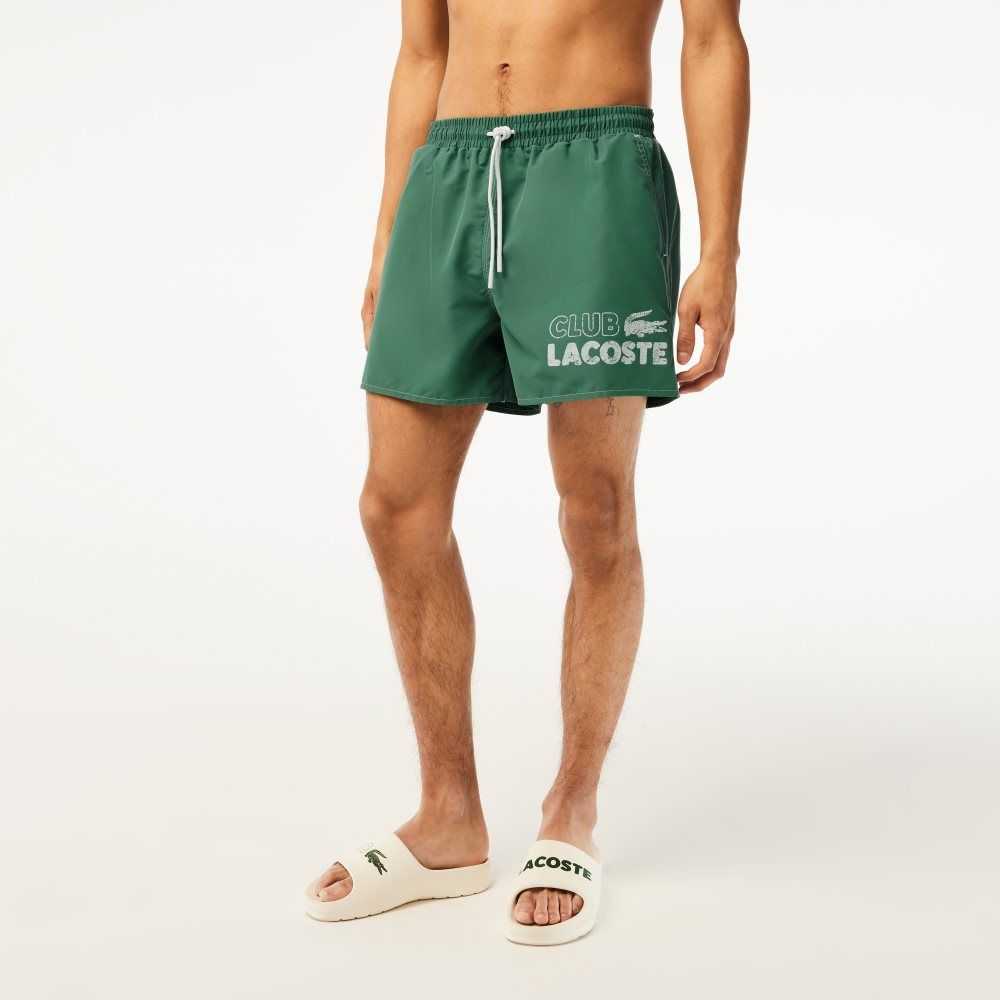 Khaki Green Lacoste Quick-Dry Swim Trunks with Integrated Lining | OEBWAT-314