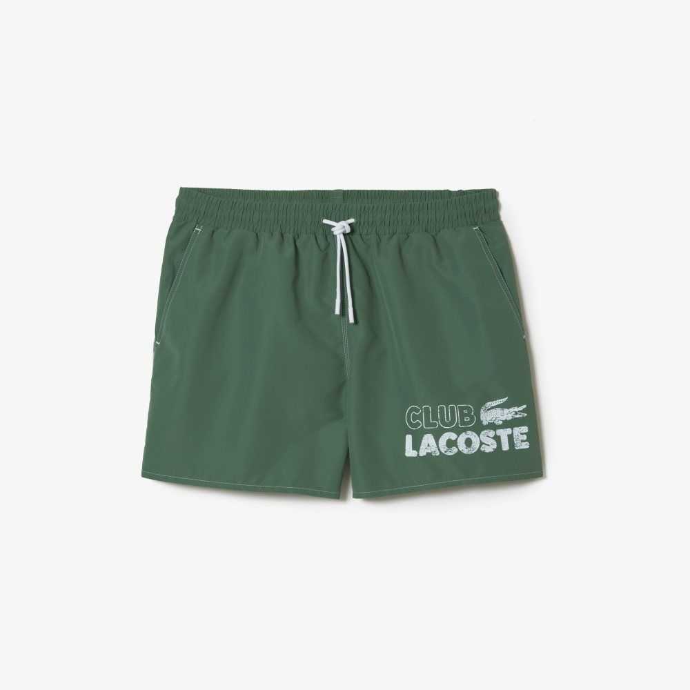 Khaki Green Lacoste Quick-Dry Swim Trunks with Integrated Lining | OEBWAT-314