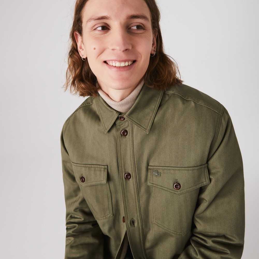 Khaki Green Lacoste Warm Lined Chevron Cotton Overshirt | VEPNYC-453