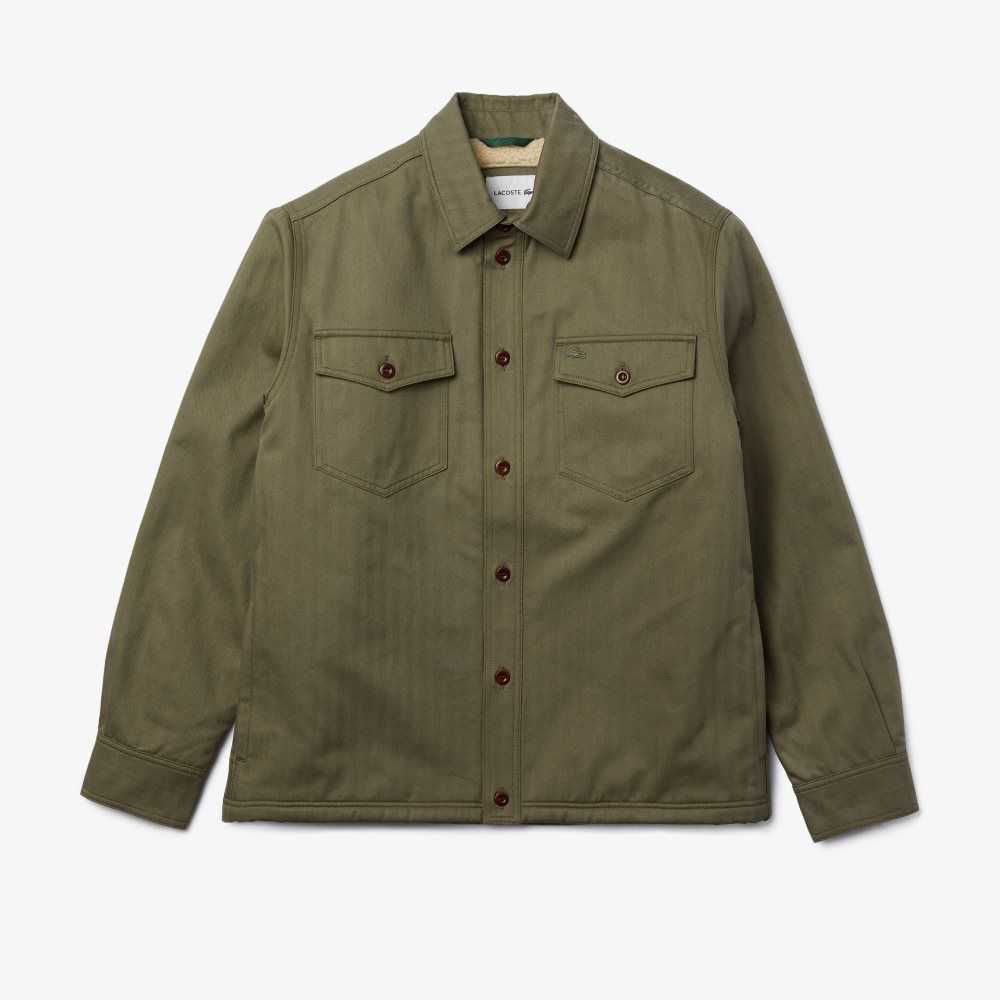 Khaki Green Lacoste Warm Lined Chevron Cotton Overshirt | VEPNYC-453