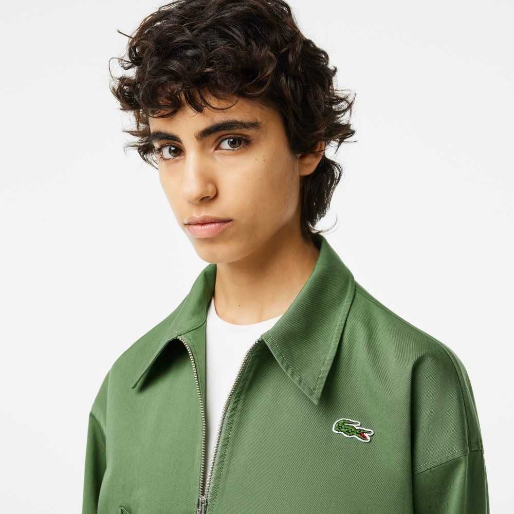 Khaki Green Lacoste Zipped Cotton Harrington Jacket | UPYWSV-068