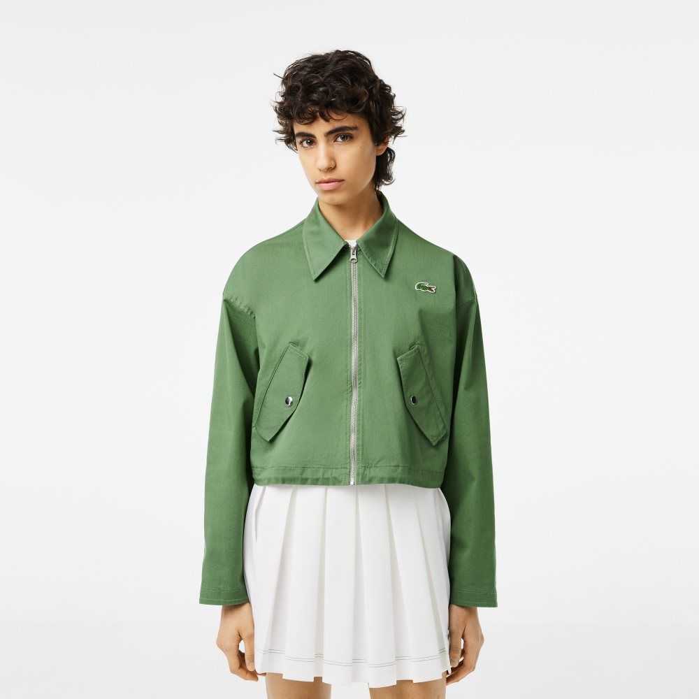 Khaki Green Lacoste Zipped Cotton Harrington Jacket | UPYWSV-068