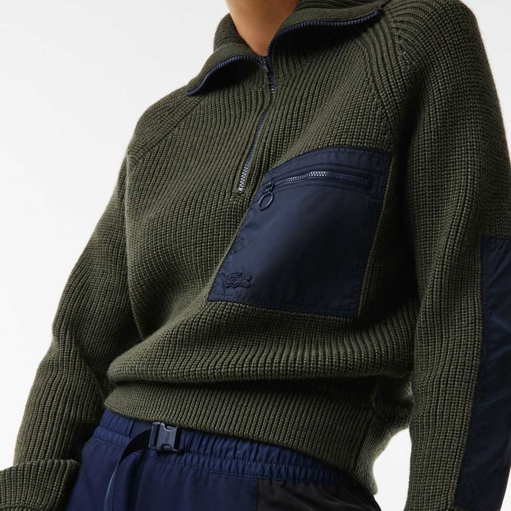 Khaki Green / Navy Blue Lacoste Trucker Neck Colorblock Half Zip Sweater | KNJWIY-089