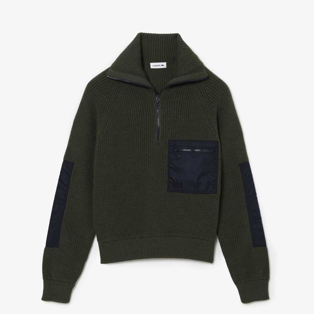 Khaki Green / Navy Blue Lacoste Trucker Neck Colorblock Half Zip Sweater | KNJWIY-089