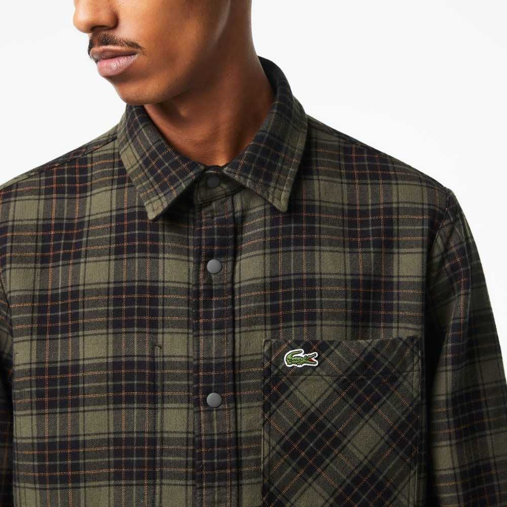 Khaki Green / White Lacoste Reversible Cotton Flannel Overshirt | JLMAKF-056