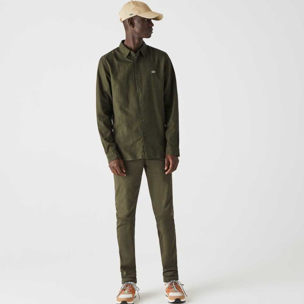 Khaki Green / White Lacoste Slim Fit Flamed Cotton Shirt | DEVMCX-962