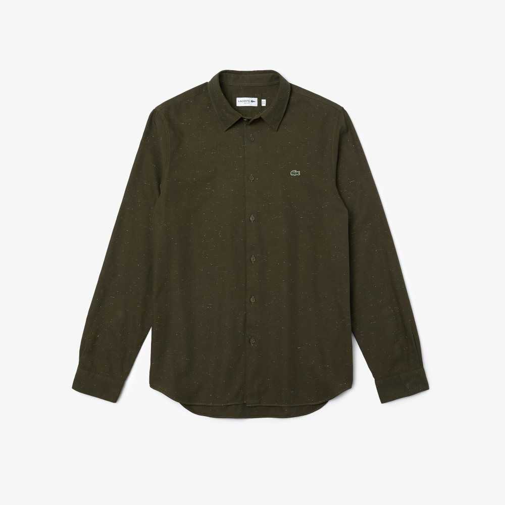 Khaki Green / White Lacoste Slim Fit Flamed Cotton Shirt | DEVMCX-962