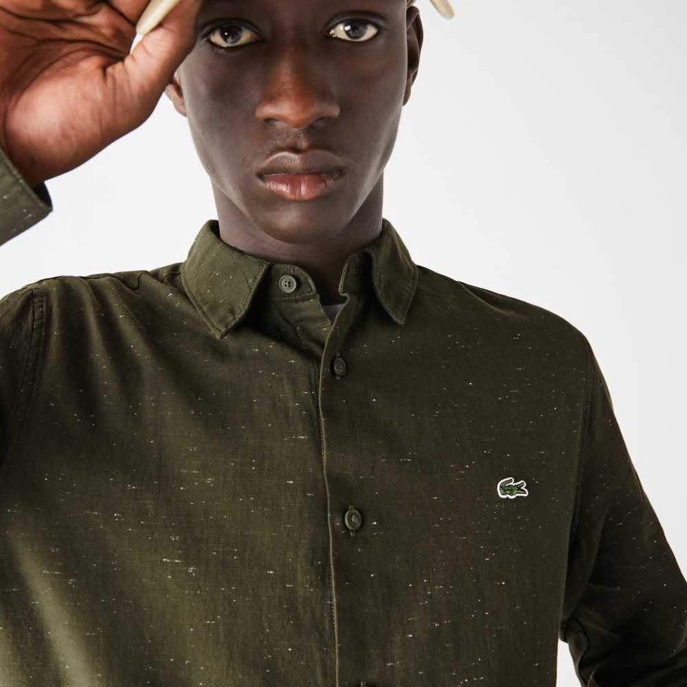 Khaki Green / White Lacoste Slim Fit Flamed Cotton Shirt | DEVMCX-962