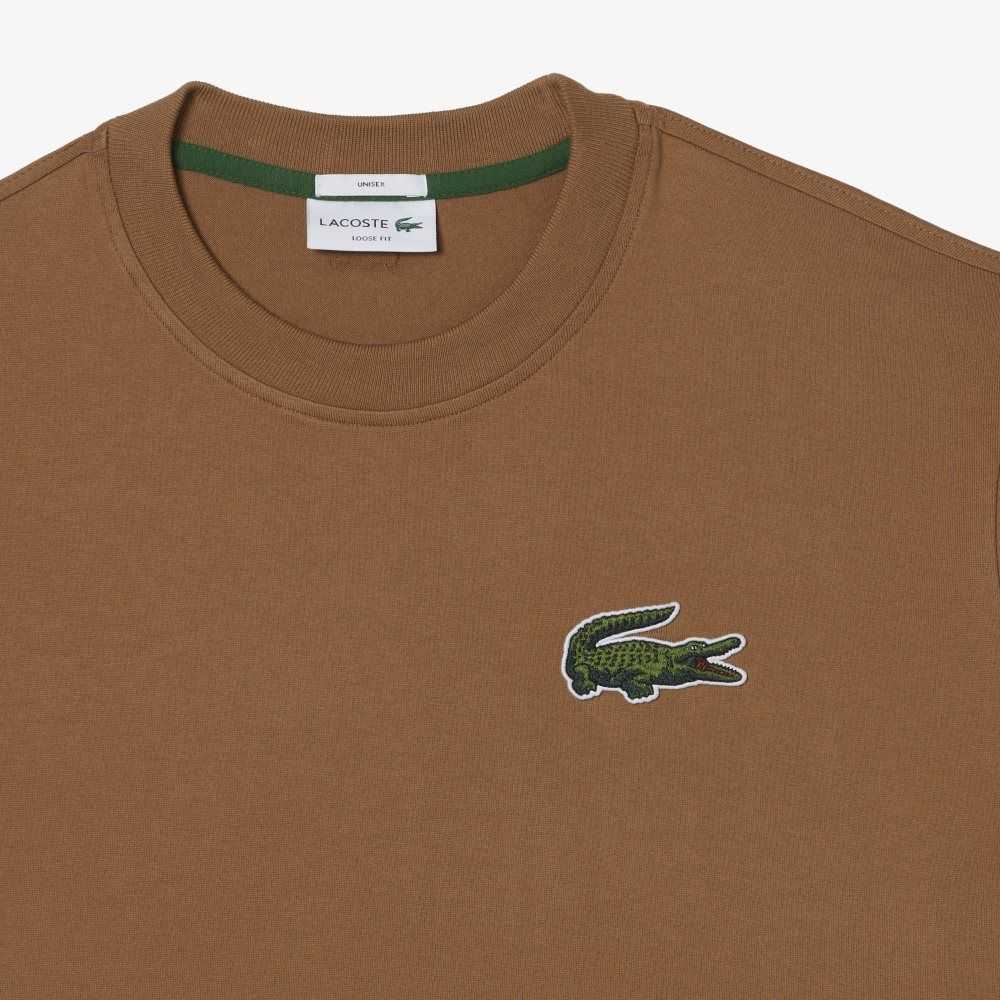 Light Brown Lacoste Loose Fit Large Crocodile Organic Cotton T-Shirt | QWZMDA-974