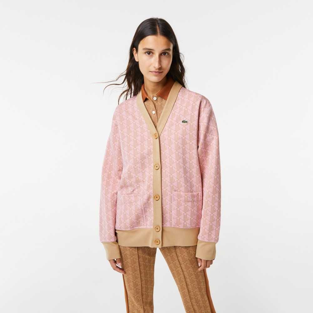 Light Pink / Beige Lacoste Loose Fit Monogram Print Cardigan | TYOIWG-701