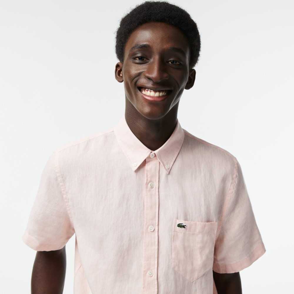 Light Pink Lacoste Short Sleeve Linen Shirt | SFRATV-987