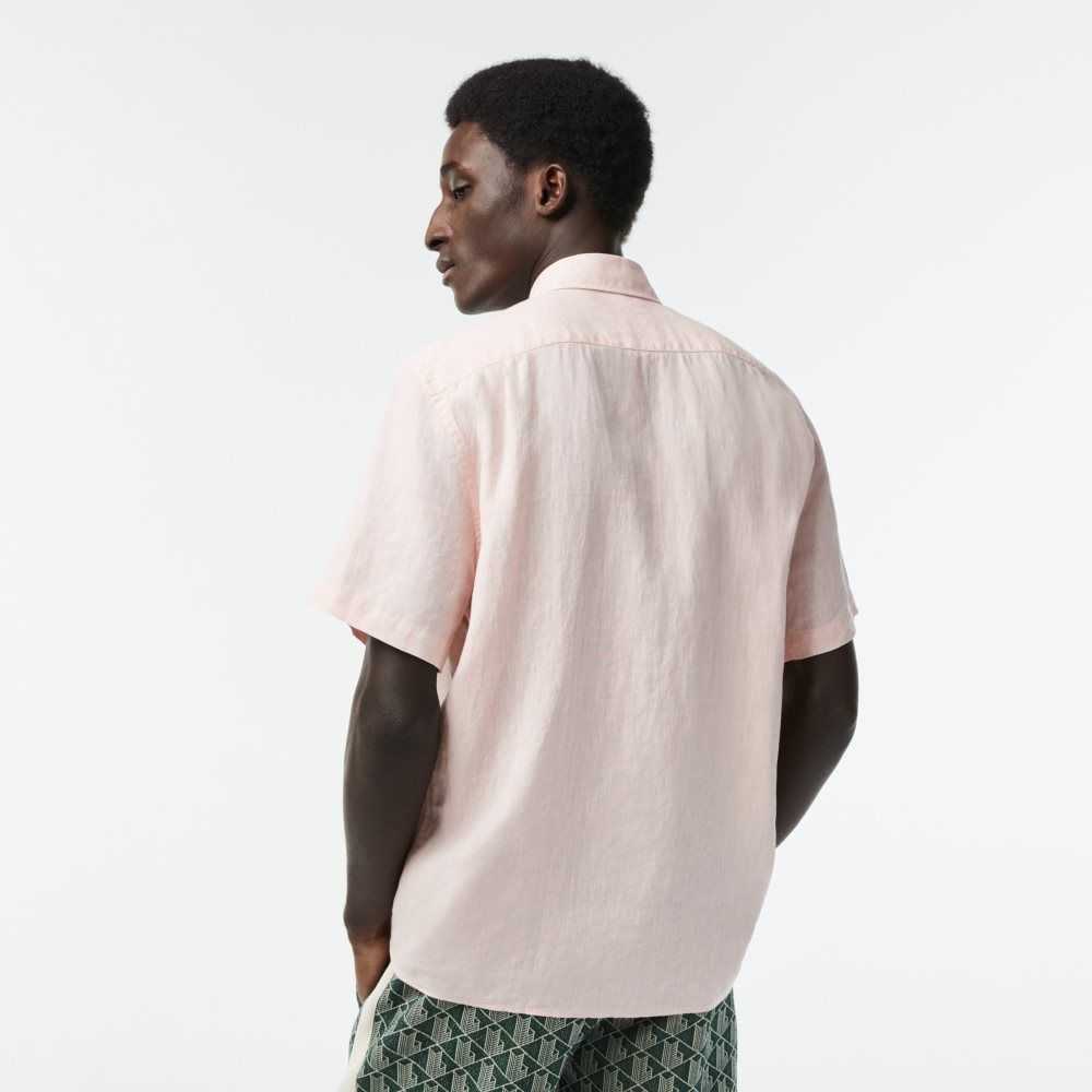 Light Pink Lacoste Short Sleeve Linen Shirt | SFRATV-987