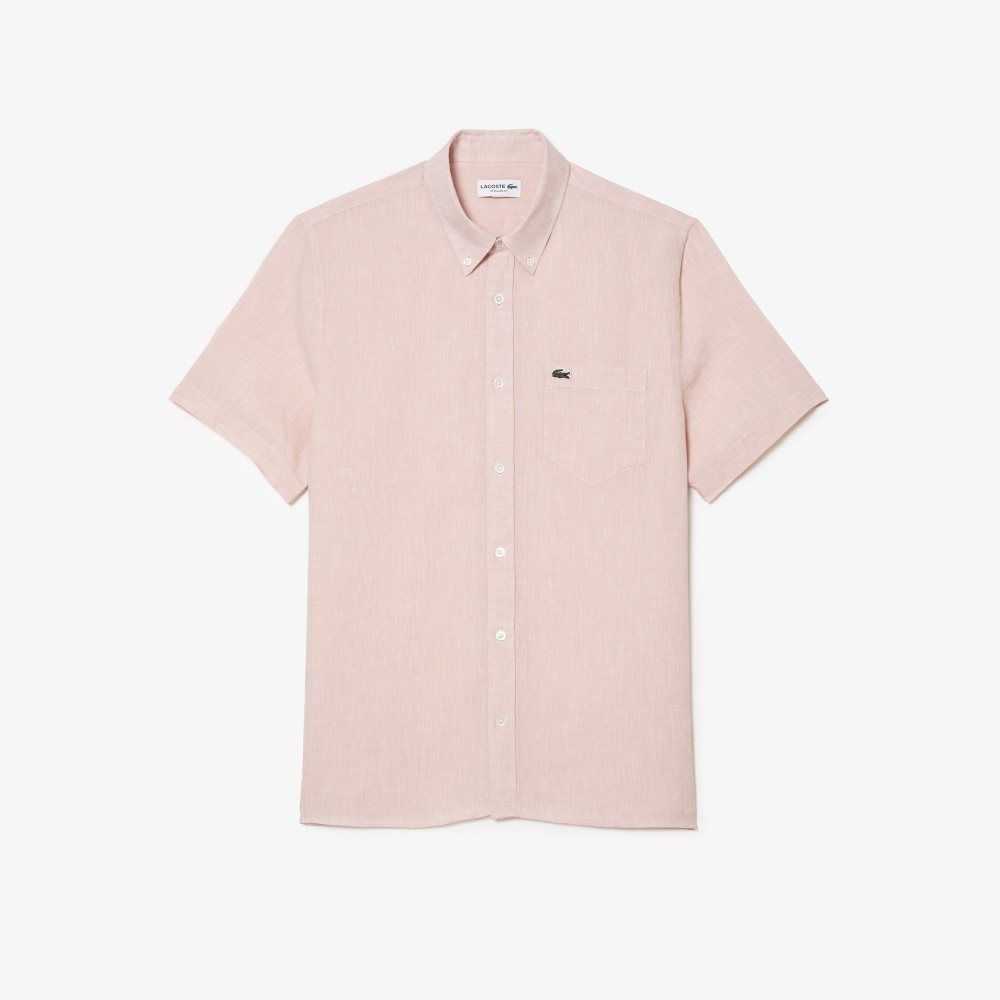 Light Pink Lacoste Short Sleeve Linen Shirt | SFRATV-987