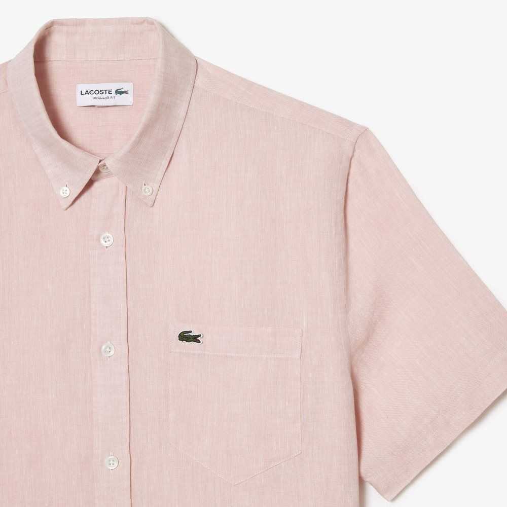 Light Pink Lacoste Short Sleeve Linen Shirt | SFRATV-987