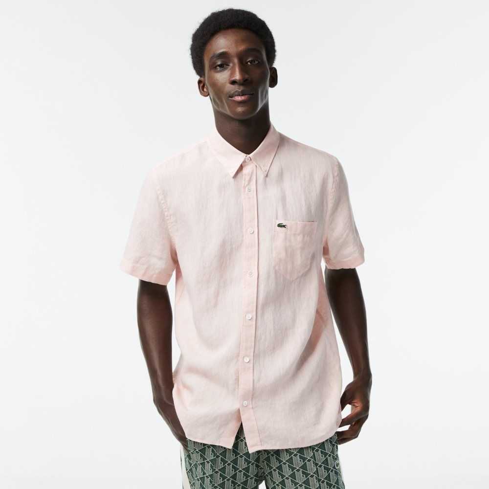 Light Pink Lacoste Short Sleeve Linen Shirt | SFRATV-987