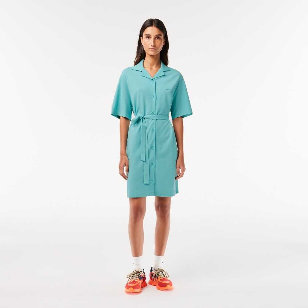 Mint Lacoste Linen/Cotton Blend Belted Button Dress | EBKMGT-530