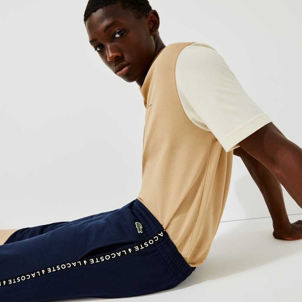 Navy Blue / Beige / White Lacoste Signature Striped Colorblock Fleece Jogging Pants | QKJRHL-943