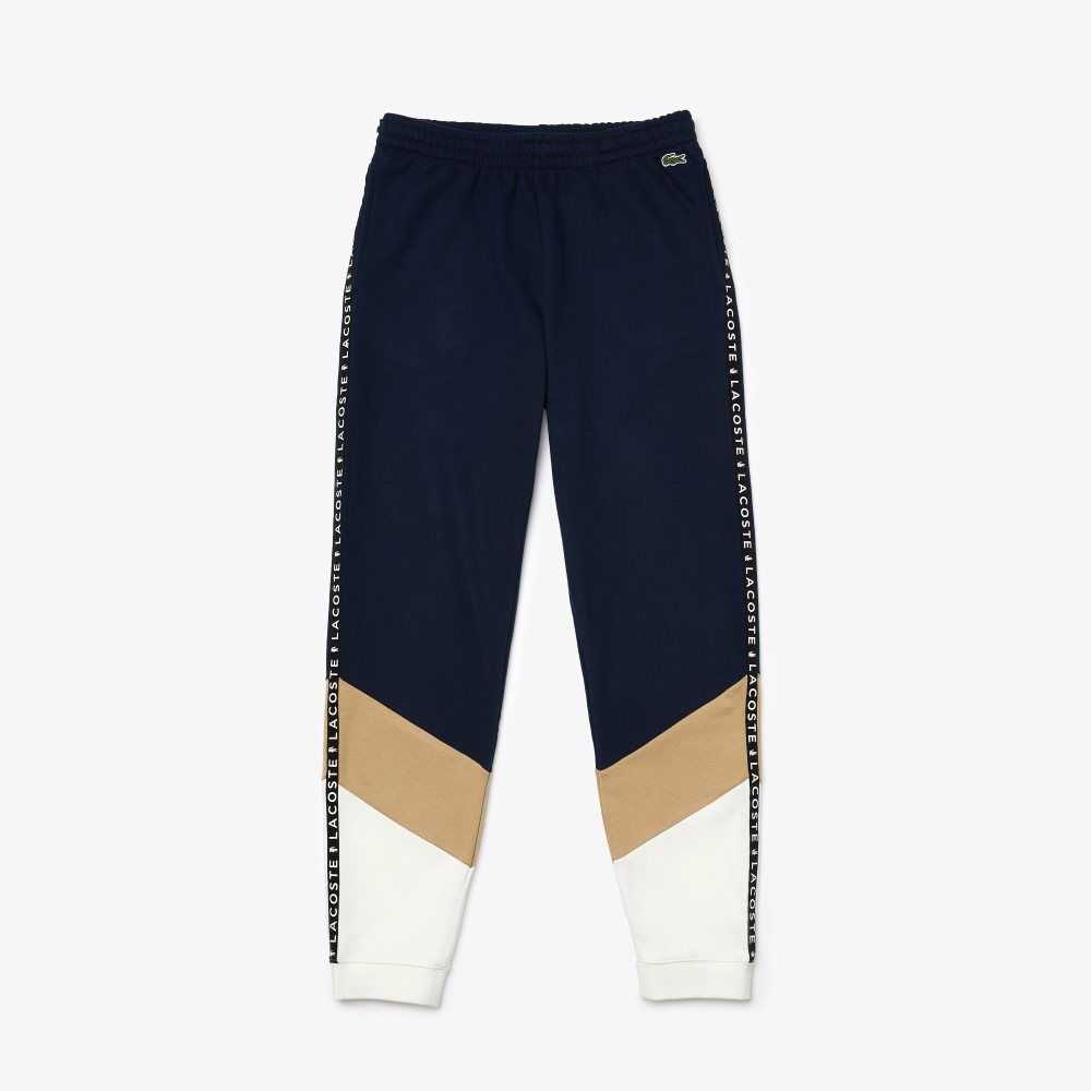 Navy Blue / Beige / White Lacoste Signature Striped Colorblock Fleece Jogging Pants | QKJRHL-943